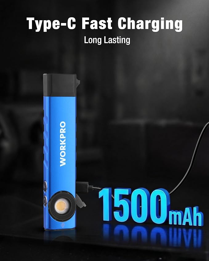 WORKPRO Rechargeable Pocket Flashlight, Magnetic EDC Light with UV, Blue | Compact, 600 Lumens LED & UV Light, 2 Magnetic Bases, Pocket Clip, 7 Modes, Garage, Repair & Emergency Use