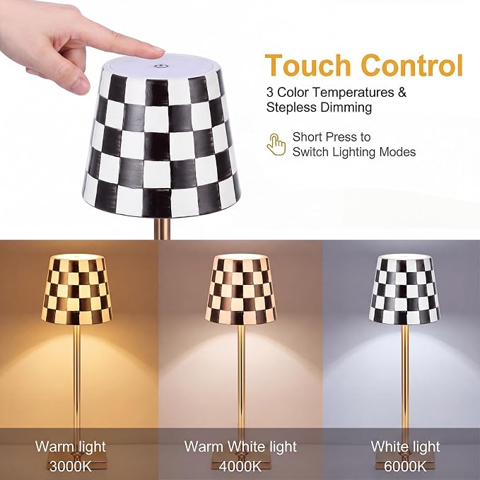 Pickmesh 1 Pack Black Checkered Mahjong Cordless Lamp Scalloped Edge Mahjong Print LED Lamp 3 Color Dimmable Rechargeable Stylish Lamps for Mah Jong Table Living Room Nightstand Desk