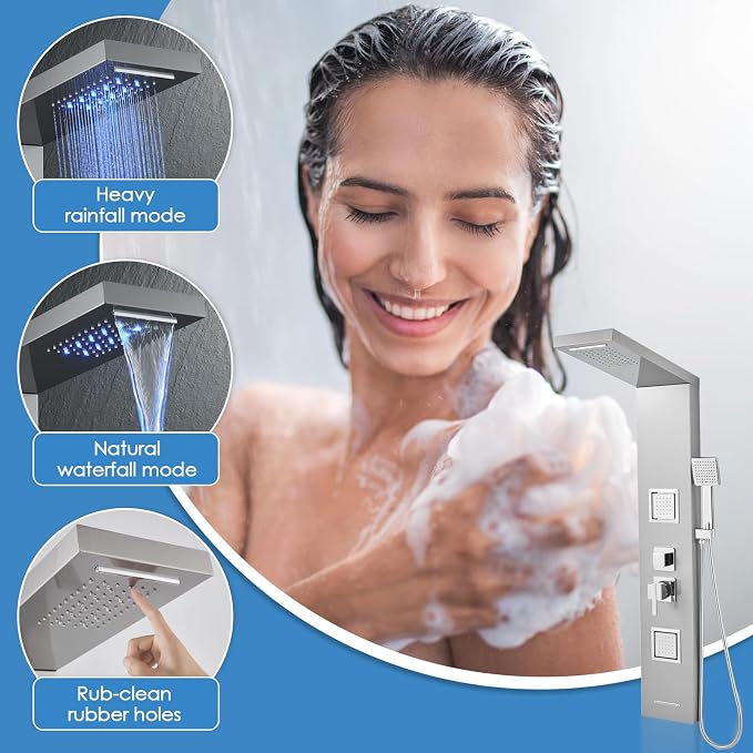 ROVOGO Shower Panel Tower System with Led Lights - Battery Powered, 46.5" | Rainfall Waterfall Shower Head, 2 Body Jets, Handheld and Tub Spout, Stainless Steel Shower Column with Brass Valves, Brushed