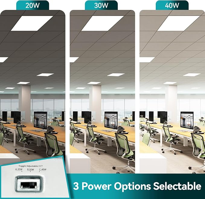 6 Pack 2x2 LED Flat Panel Light with Emergency Battery Backup | 90-Min Emergency Mode at 8W, 20W/30W/40W Wattage Switchable, 3000K/4000K/5000K Selectable, 100-277V, 0-10V Dimmable, UL, ETL