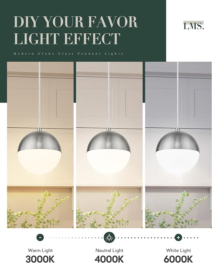 6-inch Brushed Nickel Pendant Light, Mid Century Kitchen Island Pendant Light Fixtures with White Globe Glass, Adjustable Hanging Light for Dining Room Bedroom Bathroom, LMS-186BNS