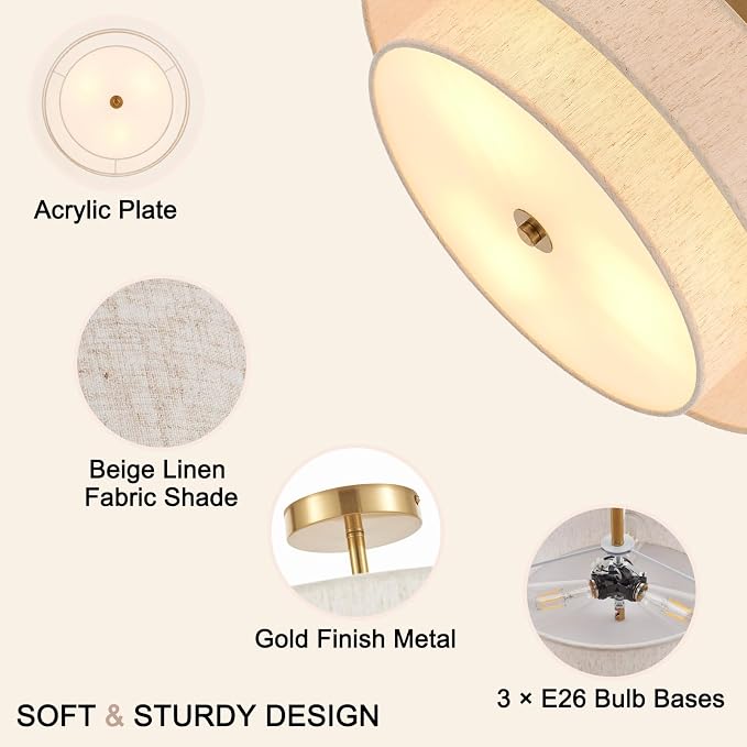 18" Gold Semi Flush Mount Ceiling Light, 3-Light Double Drum | Beige Linen Double Drum Shade, Modern Gold Light Fixture For Bedroom,Living, Kitchen,Laundry; Close-To-Ceiling, E26, Dimmable