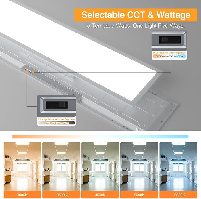 1x4 LED Flat Panel Light,Selectable 5CCT,0-10V Dimmable,5200LM,4Pack | Recessed Mount,3000K/3500K/4000K/5000K/6500K,20W/25W/30W/35W/40W, 1x4FT LED Drop Ceiling Fixture for Office,School,ETL Listed