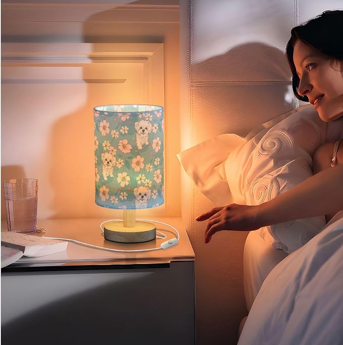 Fustylead Cute Cartoon Maltese Dogs and Daisy Floral Bedside Table Lamps with USB Port for Bedroom Lamp Accent Table Lamp Small Nightstand Lamp Linen Shade Decorative Lamps for Kids|Reading|Dome|Home