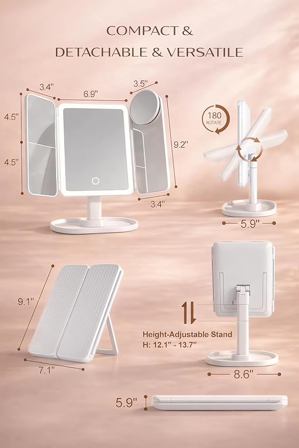 Lupow Makeup Mirror Vanity Mirror with 3 Lighting and Adjustable Brightness,Detachable Height-Adjustable Dresser Mount,2X,3X,10X Magnification,Suitable for Bathrooms,Vanity,Ideal Gifts for Women