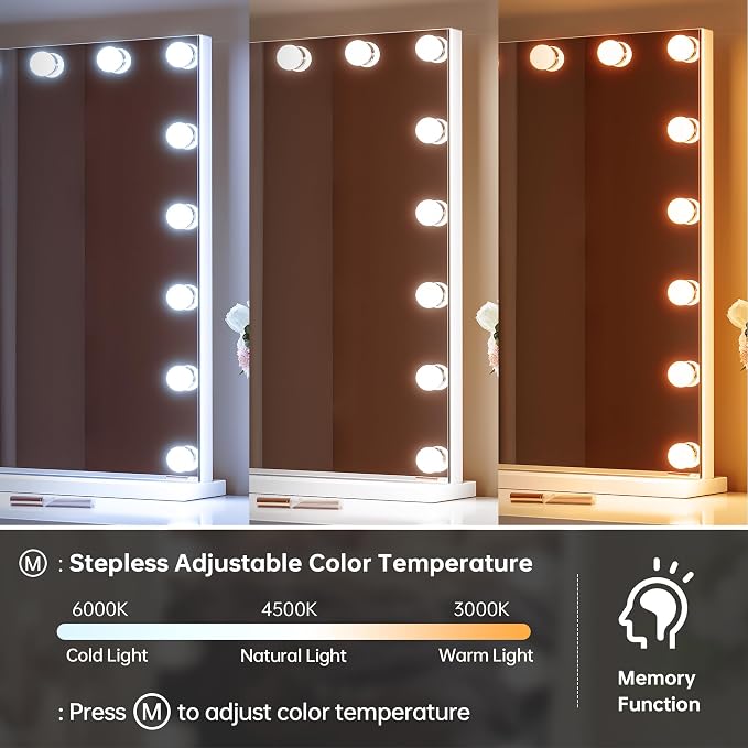 ZL ZELing Vanity Mirror Makeup Mirror with Lights,31.49" x 23.62"Large Tabletop Light up Mirror with 18Bulbs,10X Magnification,USB Charging Port,3 Color Touch Control Dimmable Lights.
