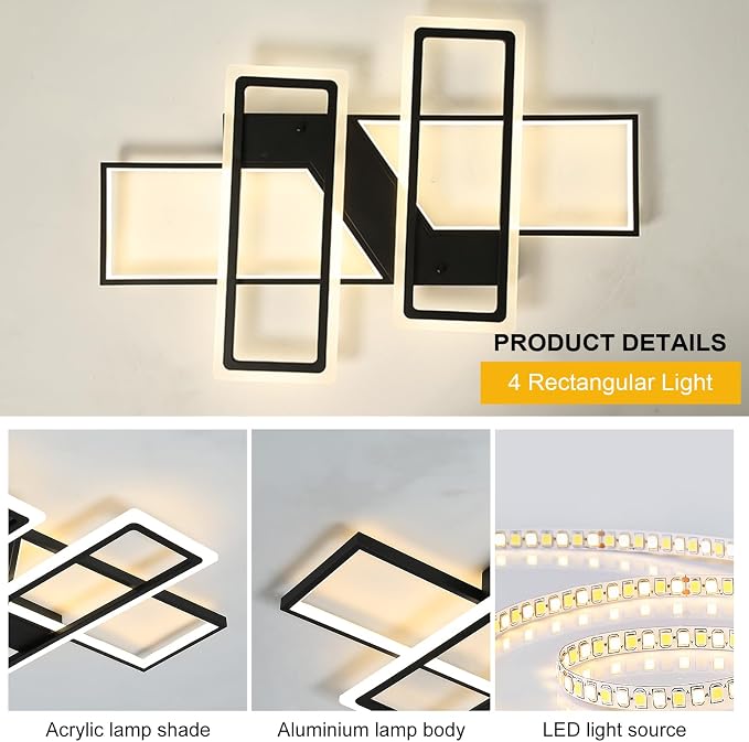 GEADI 35.4" Modern LED Ceiling Light, Dimmable Black Flush Mount Chandelier | 80W 4-Square Geometric Ceiling Lamp with Remote, 3000K-6500K Dimming, Memory, 4800 Lumens, Low Profile for Bedroom, Kitchen