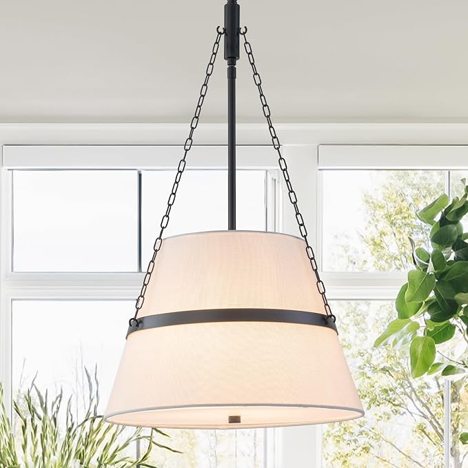 15.35" Black Drum Chandelier, White Linen Pendant Light for Kitchen Island | Modern Transitional, 4-Light, 3 Side Chains, for Dining Room, Breakfast Nook, Home Office, Adjustable Heigh 15.35"W x 28.35"H