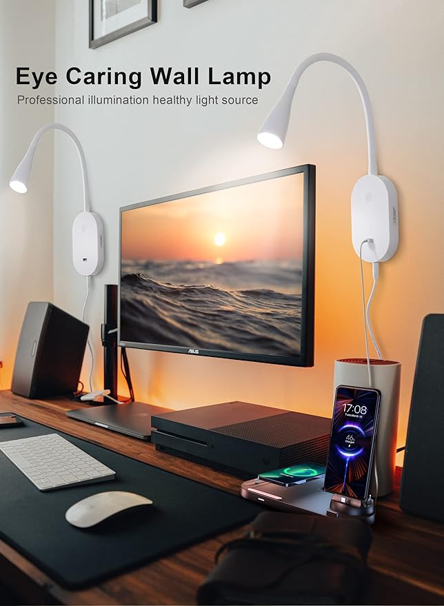 deeloop LED Wall Mount Reading Light for Bed, Reading Lamp with USB Output 5 Brightness Levels Touch Control Book Lights, 4000K Bedside Lamp Flexible Head Rotation, 2 Easy Install Options
