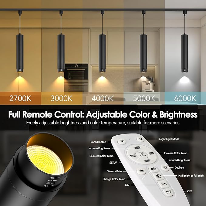 Remote Control H Track Pendant Lights with Adjustable Cord, H Type Track Lighting LED Pendants Lights Fixtures, 15°-60° Zoomable 2700K-6000K, Dimmable CRI97+ 10W 1000LM, Black (6 Pack)