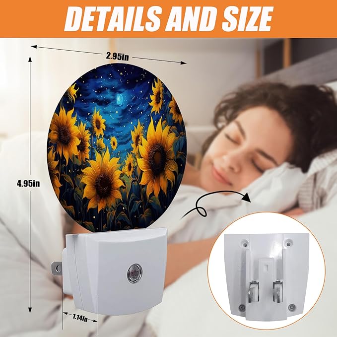 Sunflower Night Light,Vintage Flower Starry Sky Nightlight Plug into Wall LED Lamp Auto Sensor Dusk to Dawn for Bedrooms/Kitchens/Toilets/Corridors,Energy-Saving