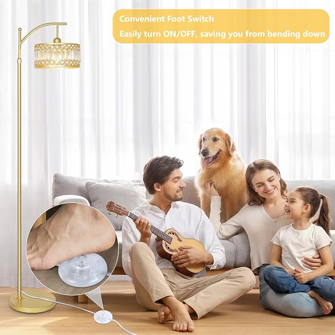 Gold Floor Lamp, Arc Floor Lamp for Bedroom, Standing Lamps for Living Room, Crystal Mid Century Modern Tall Lamp, Corner Stand Up Lamp, Height Adjustable Arched Brass Reading Lamps (Bulb Included)