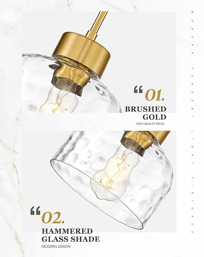2-Pack Pendant Lights Kitchen Island, 8" Brushed Gold Hanging Light Fixtures with HHammered Glass, Modern Brass Kitchen Pendant Lighting Over Island for Dining Room, AD-24024-1P2L-GD-H