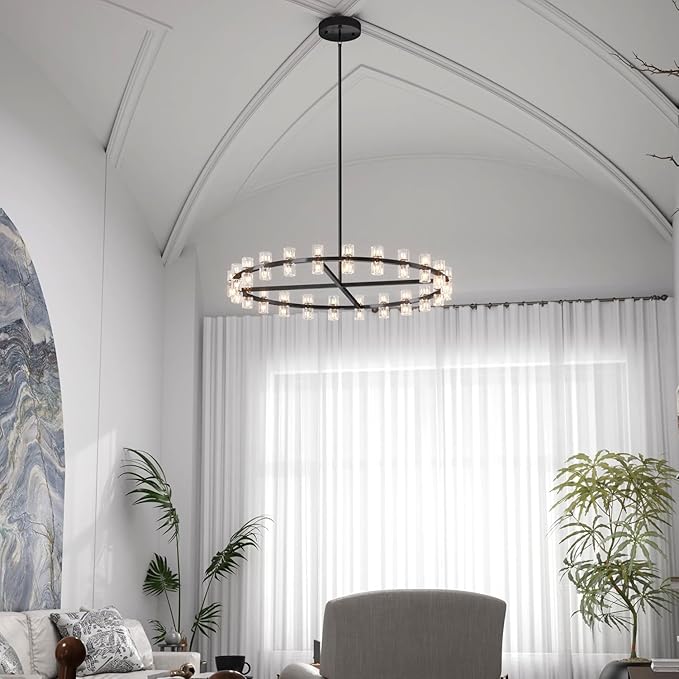 Dia 48" Large Wagon Wheel Chandeliers, 48-Lights Farmhouse Pendant Light Fixture Black Chandelier for Living Room Dining Room Kitchen Island Foyer Entryway