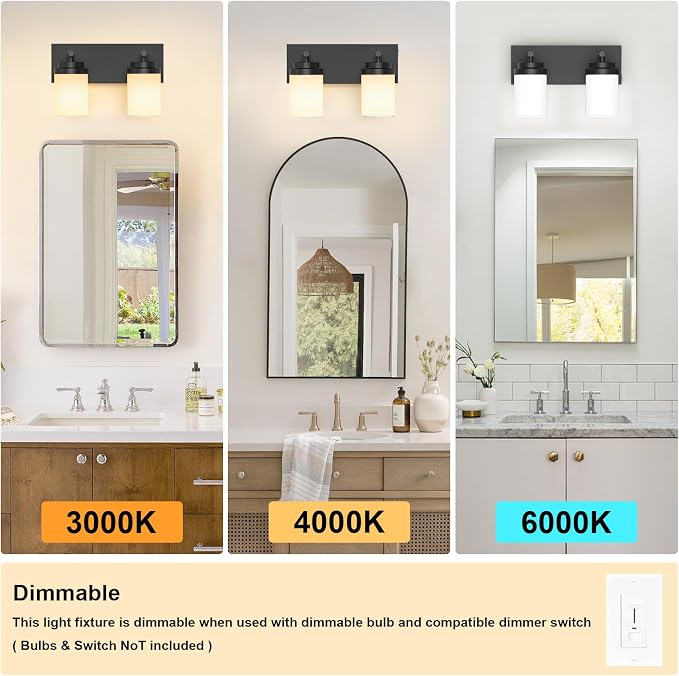 IZORRO Bathroom Vanity Light Fixture, 2-Light 15 Inch Matte Black Bathroom Light Fixtures Over Mirror, with White Glass Shade, Modern Farmhouse Vanity Lights, Rustic Restroom Lighting Fixtures
