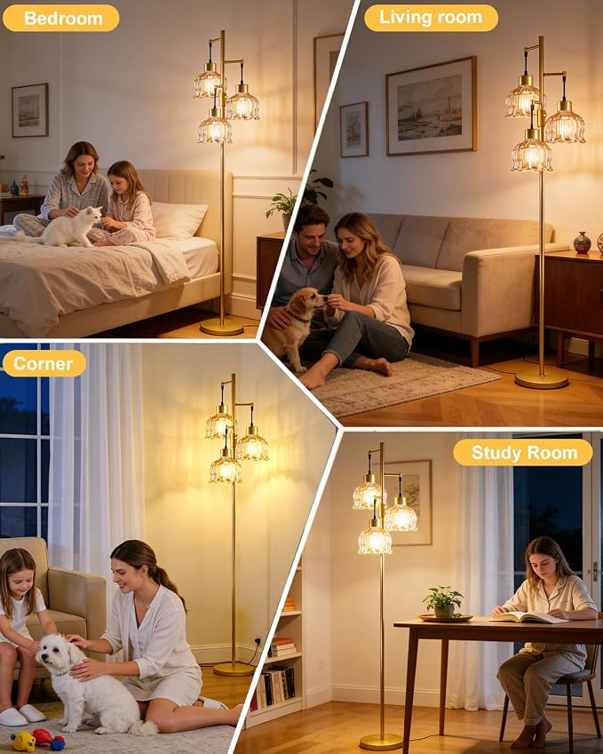 Lightdot 3-Light Lotus Floor Lamp 65'' Dimmable with Brown Glass Shade & E12 Bulbs Included, Mid Century Tall Flower Lamp with 5Lbs Heavy Base for Living Room/Bedroom/Sofa Beside/Corner Decor - Gold