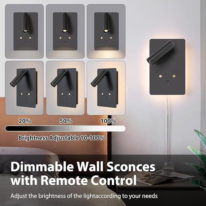 ZEROUNO LED Wall Mounted Reading Light, Adjustable Headboard Plug in Wall Sconce with USB C+A Ports, Touch Control Wall Sconce Lighting for Bedroom Bedside Lamps(Black