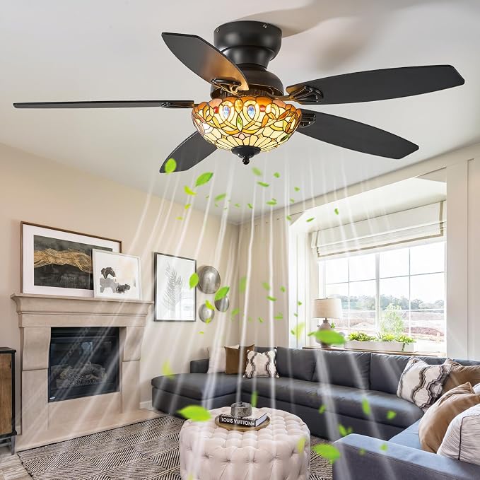 Tiffany Ceiling Fans with Lights-48"Ceiling Fan Chandelier and Glass Shade | 48" Ceiling Fan Chandelier with 5 Dual-Blades and Glass Shade, 6 Speeds and Reversible, Indoor and Outdoor, Retro Style