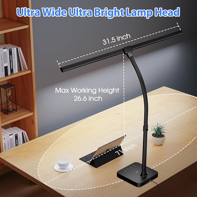 ShineTech LED Desk Lamp, 24W Double Head Desk Light with Wireless Charging | 5000K Daylight White, 25 Lighting Modes, USB Port, Dual Swing Arm, Eye-Caring, Auto Timer & Memory for Office Dorm Piano Nail