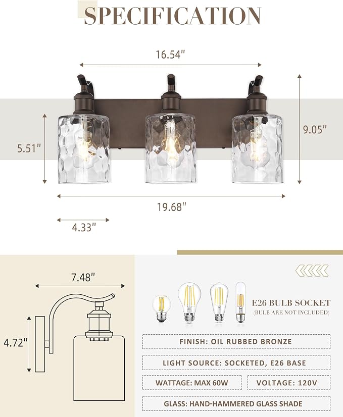 3-Light Bathroom Vanity Light,Hammered Glass,Oil Rubbed Bronze | 19.6 Inch Over Mirror Wall Light,E26 sockets,for bathroom mirror,powder room,dressing area