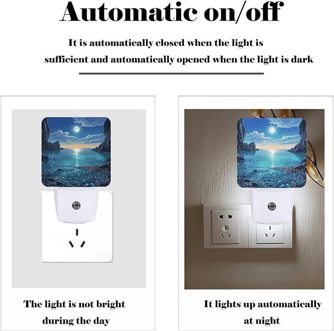 Moon Beach Night Light,Plug Into Wall for Boys Girls Bedroom Decorative Square Night Light Lamp 0.5w Sleep Friendly