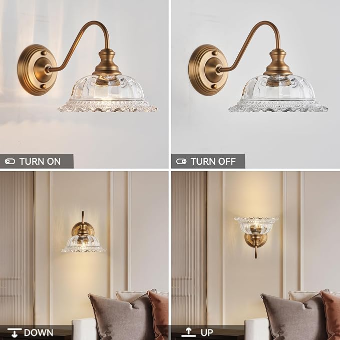 HDDFL Vintage Wall Scone Bedside Wall Lamp Matte Brass Bedside Light Fixtures Antique in Door Lighting Fixture for Living Room Porch Staircase Drawing Room Bedroom 2 Pack