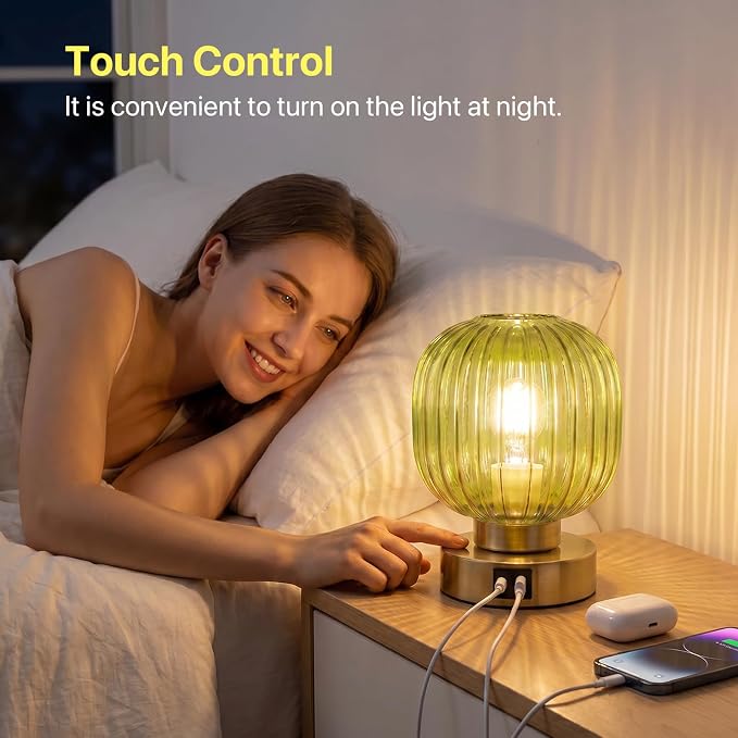 Elenhome Touch Table Lamp Set of 2, 3-Way Dimmable with Glass Shade, USB-C+A Charging Ports, Mid-Century Modern Small Bedside Lamps for Nightstand, Bedroom, and Living Room, LED Bulb Included (Green)