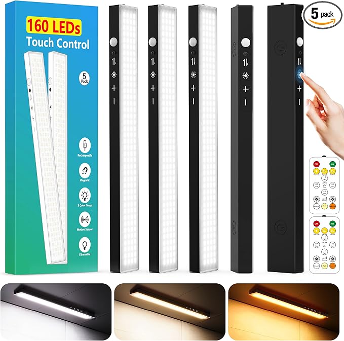 12" Under Cabinet Lights Wireless Rechargeable, Motion Sensor, 5Pack, Black | Touch & Remote Control丨160 bright LEDs丨4000mAh Battery丨Dimmable 3 color temps丨Magnetic install for kitchen counter, closet