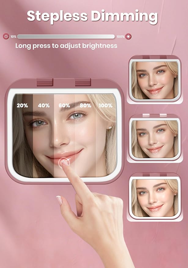Magnifying Mirror with Light, Rechargeable 40X Compact Mirror with 3 Lighting Modes & Dimmable Brightness, Portable Travel Makeup Mirror with Light, Essentials for Travel, Pocket Purse Rose