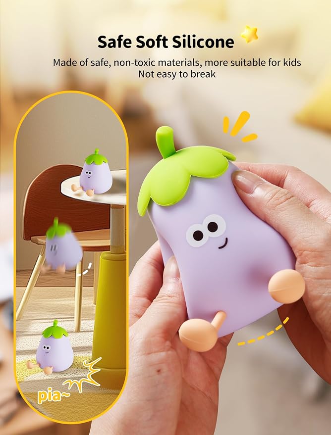 Eggplant Night Light for Kids, Cute Squishy Silicone Lamp, Rechargeable LED Nightlight, 3-Level Dimmable Bedside Lamp for Bedroom Kids Room Decor, Boys and Girls Gifts