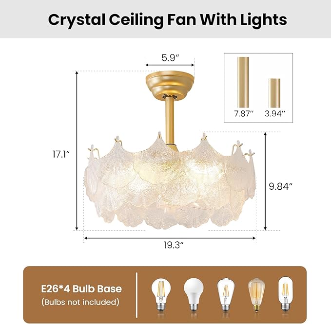20'' Fandelier Ceiling Fans with Lights, Gold Caged Ceiling Fan with Remote Low Profile, 6 Speed and Gingko Leaf, Modern Semi Flush Mount Ceiling Fan for Bedroom, Living Room, Nursery