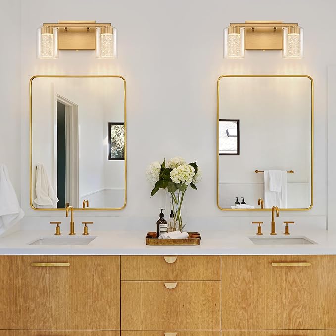 SineRise 2-Light Gold Vanity Light with 3 Color Modes (3000K/4000K/6000K), Eye Protection LED Bathroom Light Fixture, Dimmable Modern Wall Light Over Mirror with Clear Glass Shade