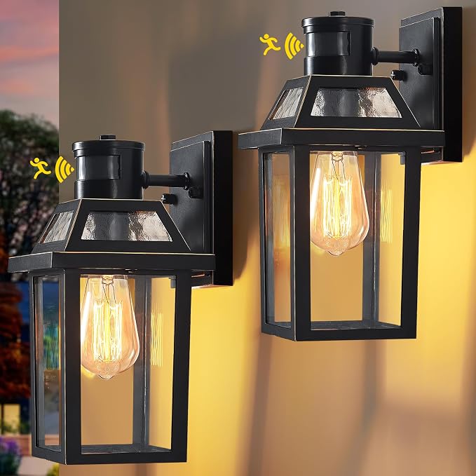 Motion Sensor Porch Light, Dusk to Dawn Outdoor Wall Light, Black, 2 Pack | 3 lighting modes waterproof exterior fixture black wall mount design for front door garage patio and house entry