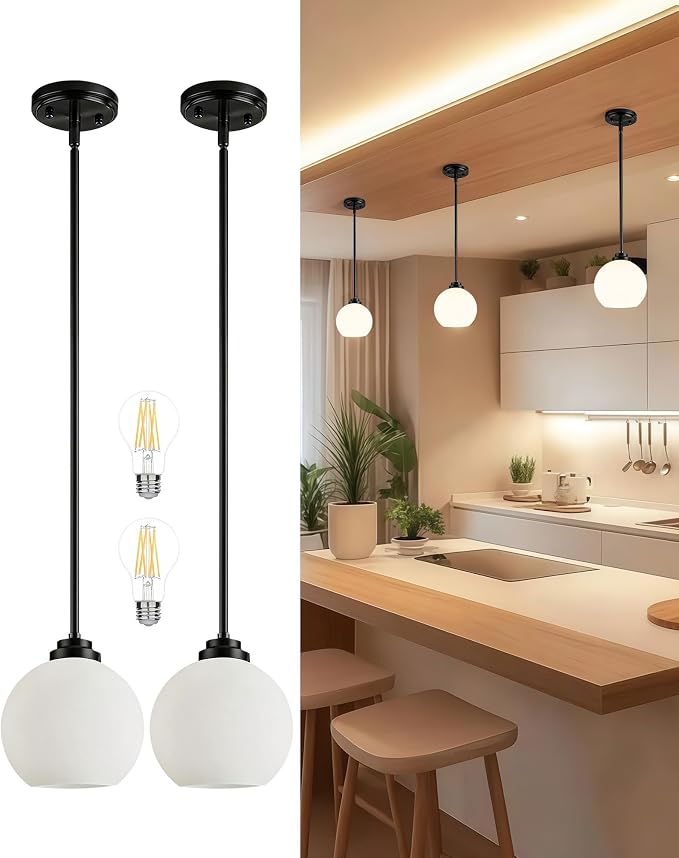Majade 7.4" Globe Pendant Lights Mid Century Modern Kitchen Island Pendant Light Fixtures 2 Pack Black Brass Pendant Lighting with Milk Glass Adjustable Hanging Light Fixtures for Dining Room