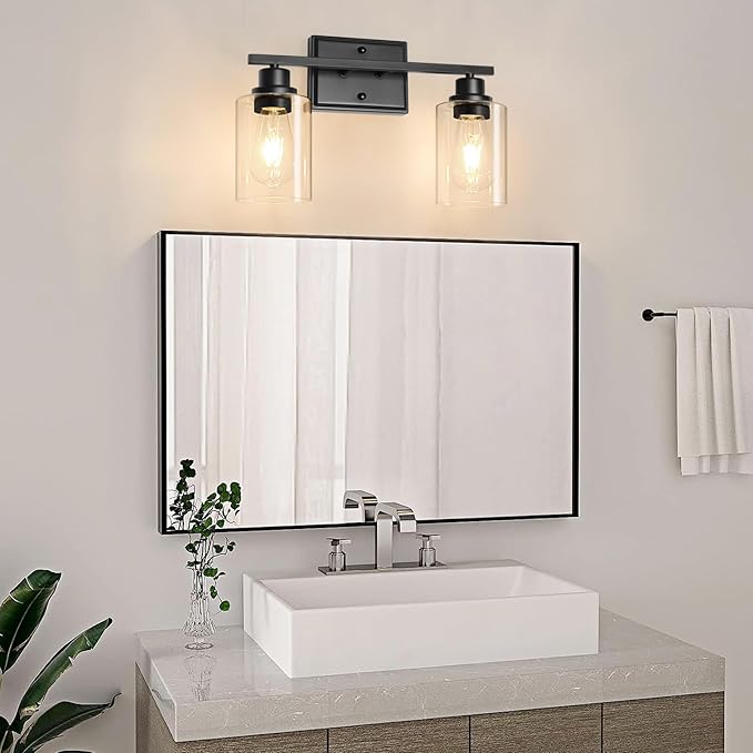 Unicozin 2 Light Bathroom Light Fixtures, Modern Vanity Lights Over Mirror, Black Wall Lamp with Clear Glass for Living Room Cabinet Bedroom Porch