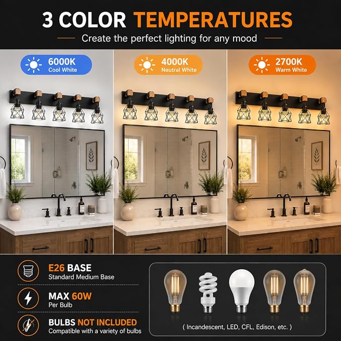 Farmhouse Vanity Light Fixture,5-Light Bathroom Lighting,Black Industrial Wood Wall Light Over Mirror with Metal Shade,LED Bulbs Not Included