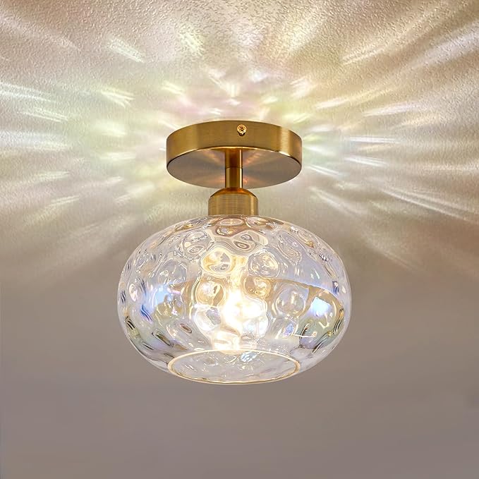 7.9″ Small Semi Flush Mount Ceiling Light ,Rainbow Hallway Light Fixtures | Art Deco Stained Hammered Glass,Whimsical,Vintage Gold Mid Century Lighting for Closet Cottage Entryway Laundry Room Foyer