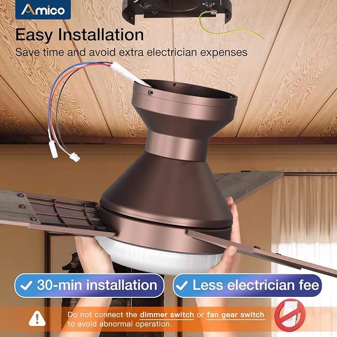 Amico 52 Inch Brown Low Profile Ceiling Fans with Lights and Remote | Flush mount, 3-color dimmable light, quiet reversible DC motor, easy install, memory, timer, bedroom, covered outdoor areas