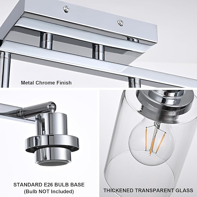 3-Light Track Lighting Kit Ceiling Kitchen Track Lighting Fixtures Chrome Bathroom Vanity Wall Lights with Clear Glass Multi-Directional Rotating Tracking Light Heads Spotlight for Accent Shop