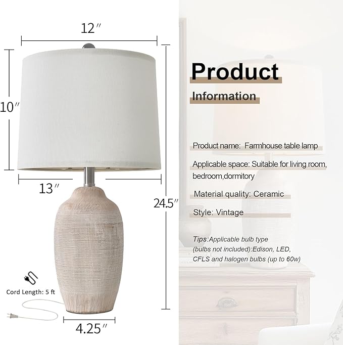 24 inch Vintage Ceramic Table Lamp with 5FT Cord - Single Farmhouse Rustic Bedside Lamp with Natural Textured Finish, Nightstand Lamps for Living Room, Bedroom, End Table Beige
