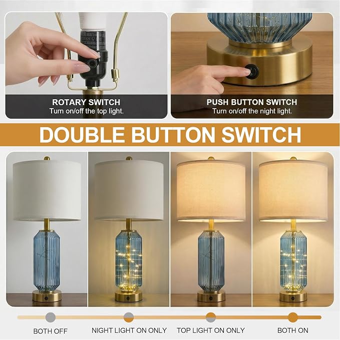 24.5" Bedside Table Lamps Set of 2, Blue Coastal Nightstand Lamps with Night Light, USB A+C Charging Ports, Glass Lamps for Bedroom, Living Room, End Table (2 Bulbs Included)