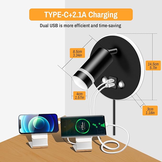 ERAY Wall Mounted Reading Light, Adjustable Wall Sconces with USB and Type-C Charging Port/Touch Control, 3000K/4000K/6000K 350° Rotatable LED Spotlight & Backlight for Bedside Bedroom -2 Pack
