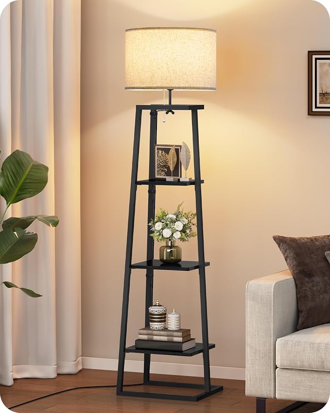 Floor Lamp with 3-Tier Storage Shelves, Standing Floor Lamp with Pull Chain Switch, Industrial Shelf Floor Lamp for Living Room, Bedroom, Office,Bulb Not Included, Black and Beige BE34LD05