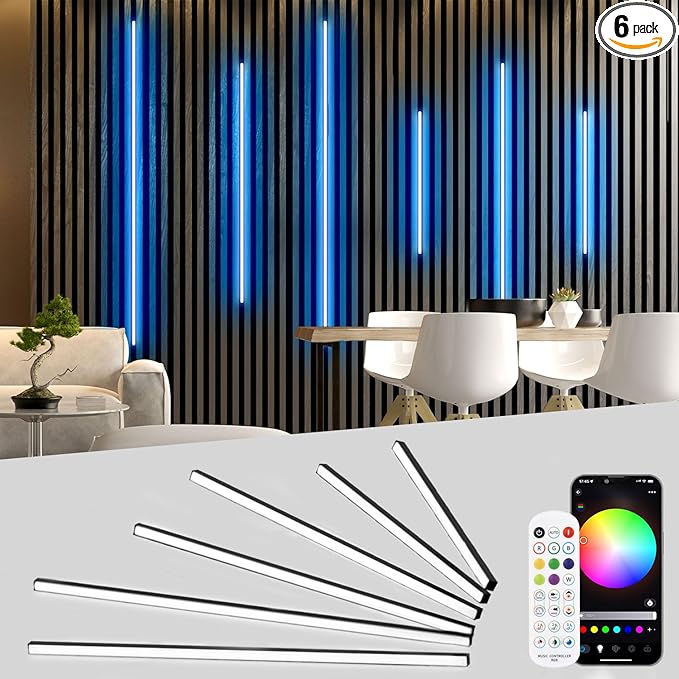 Lichaser RGB Black LED Strip Light for Wood Slat Wall Panel, 6 Pcs WiFi Smart Recessed Lighting for Acoustic Panel Compatible with Alexa, Self-Adhesive Smart LED for Slat Wall (2*36+2*24+2*16 in)