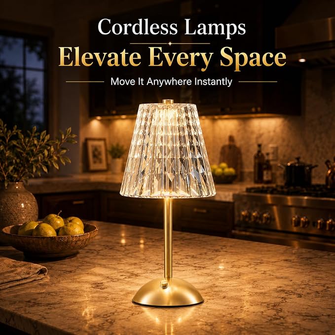 Cordless Gold Table Lamp Rechargeable Touch Desk Lamp with 3 Color Temps | Small Dimmable Table Lamp With Crystal - Battery Operated Nightstand Lamp for Bedroom/Dining Table/Restaurant/Kitchen/Bar