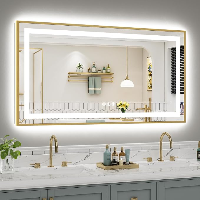55x30 Inch LED Bathroom Mirror with Gold Frame, Backlit & Front Lit | Anti-fog, 3 Color Dimmable, Memory Function, HD Reflection Tempered Glass, ETL Listed, IP54 Waterproof