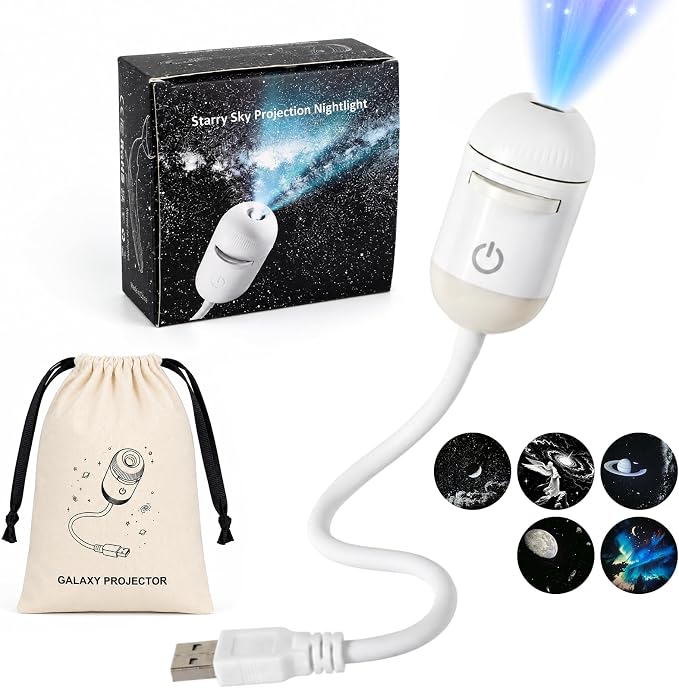 2-in-1 Galaxy Projector Night Light with 5 Projection Films | Stepless dimming, adjustable focus and 360° flexible gooseneck. USB powered for bedrooms, RVs, hotels and cruise cabins.