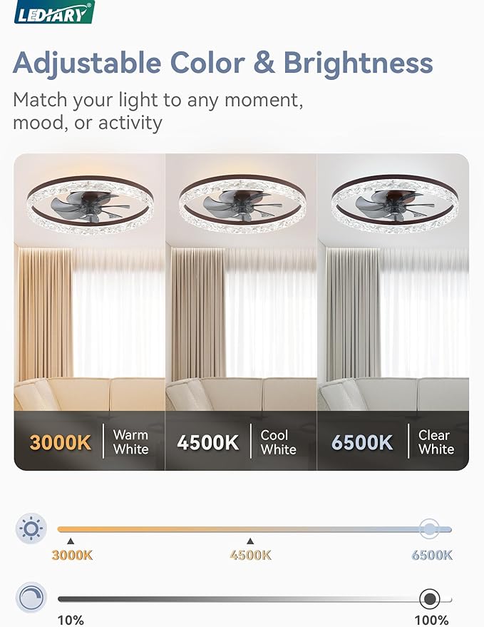 LEDIARY 20" Modern Ceiling Fans with Lights and Remote, Dimmable Low Profile Ceiling Fan, Flush Mount Ceiling Fan, Stepless Color Temperature Change and 6 Speeds - Brown | Fandelier, Dimmable Low Profile, Flush Mount, Stepless Color Temperature Change,...