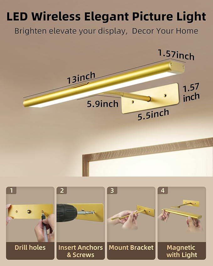 EZVALO Picture Light for Wall, 4800mAh 13'' Rechargeable Wireless Lights with IR Remote Control, Dimmable Magnetic LED Art Display Light with 3 Color Temp, for Gallery, Living Room, Bedroom(Gold)