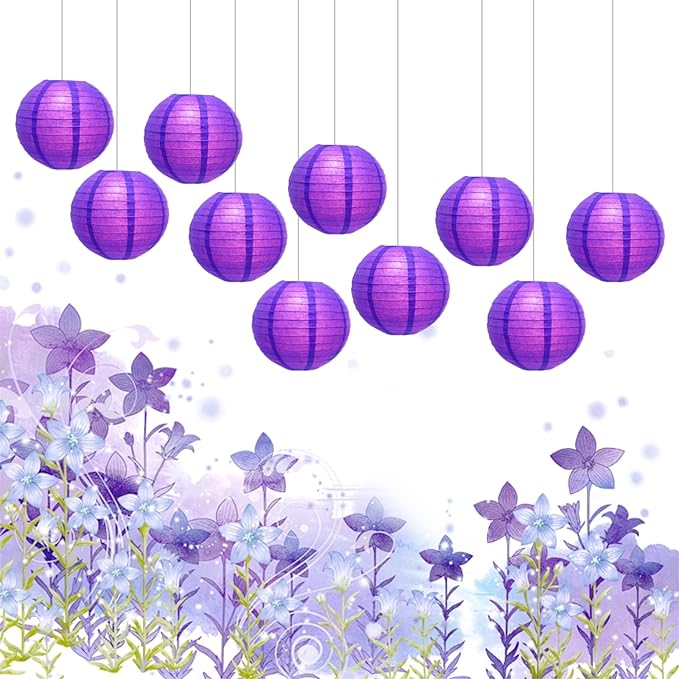 Chinese Paper Lanterns - Pack of 10, 10-Inch Purple Hanging Lights for Birthday Party Decorations, Ceiling Decor, Rainbow Classroom, Wedding, and Home Party